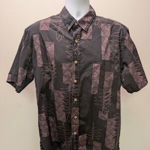 Men's Short-Sleeve Button-Down Shirt in Black with Pink Leaf Print